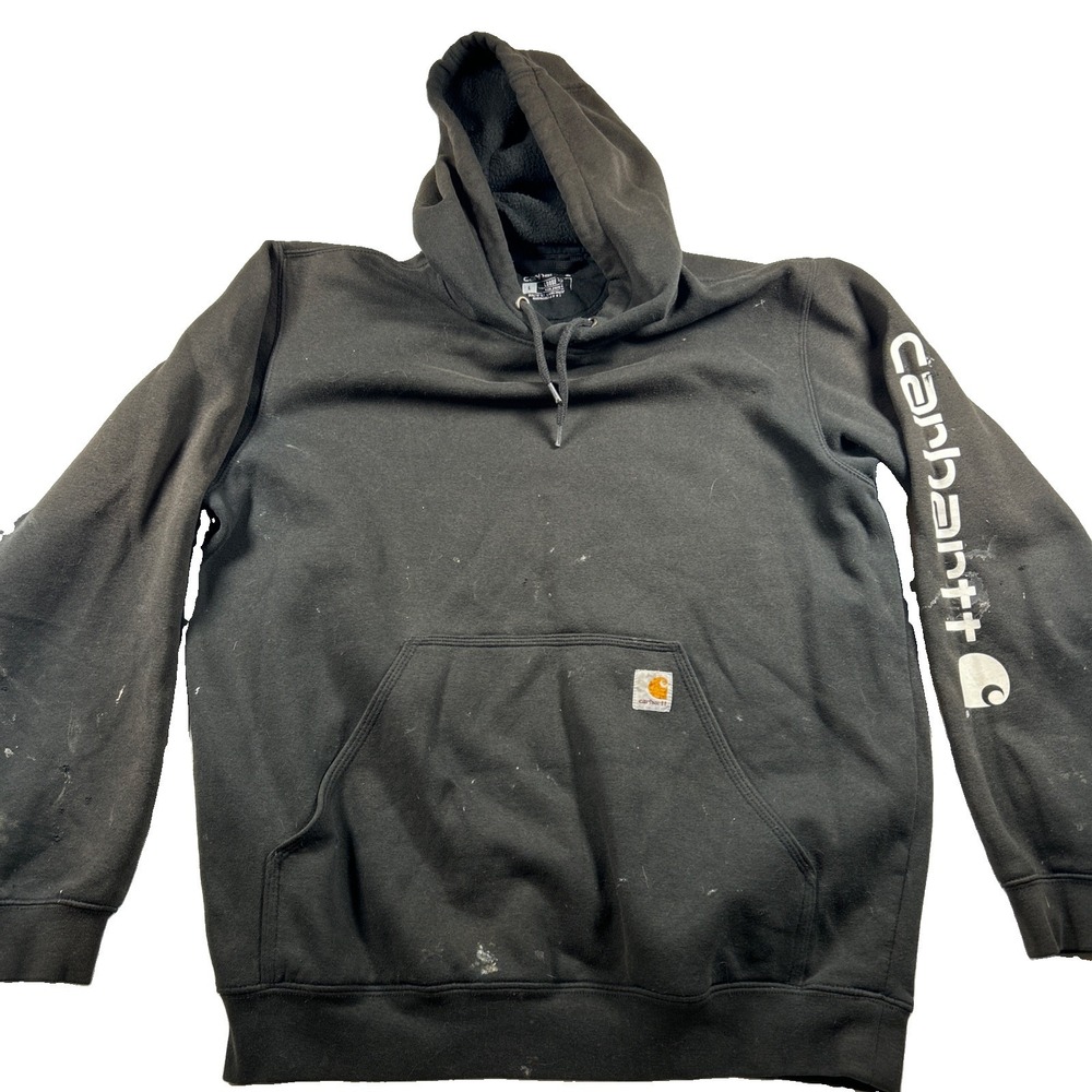 Carhartt Hoodie Mens Large Black Distressed K288 Graphic Sleeve Logo Pullover